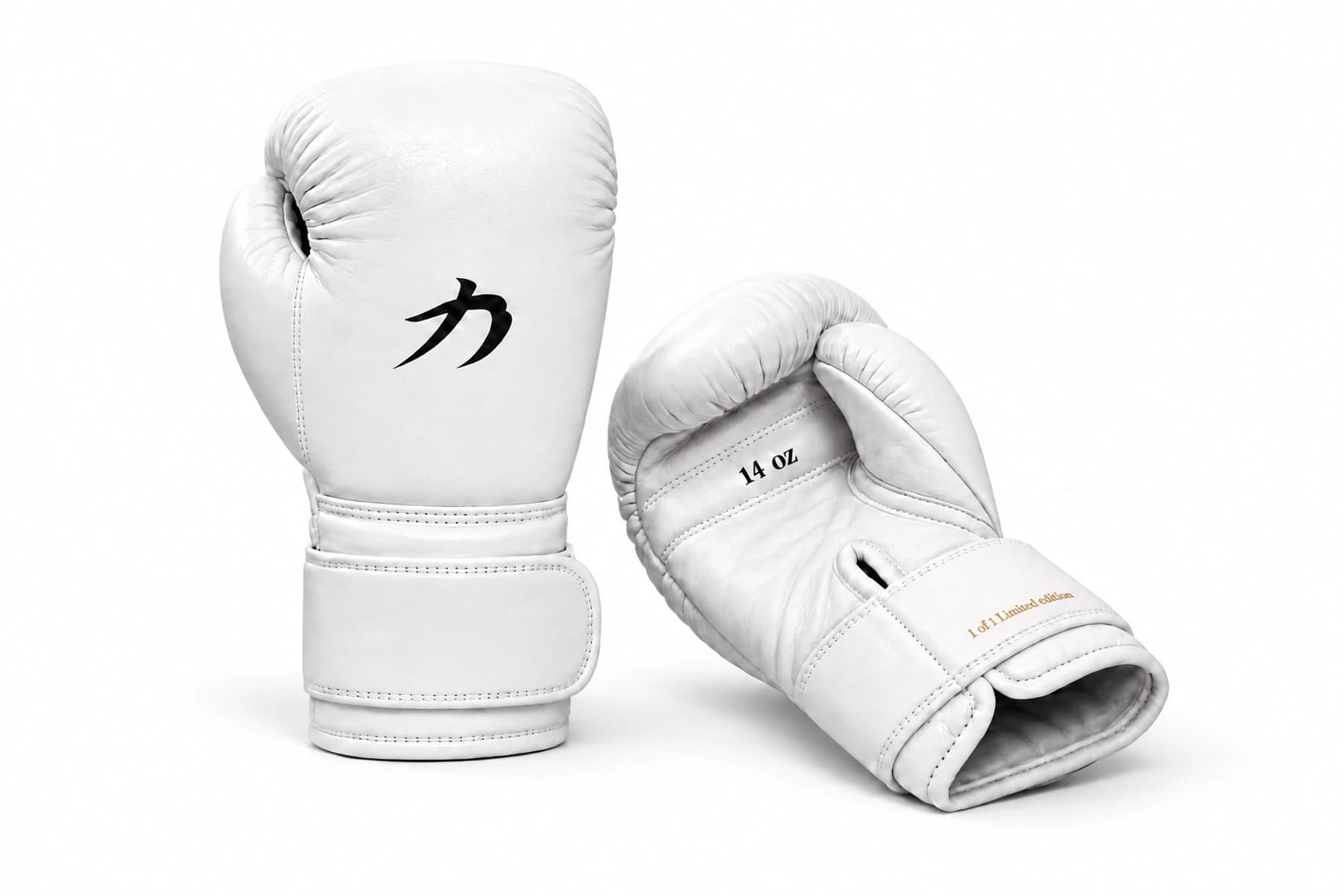 White SAEE boxing gloves with a small black dorsal emblem and elongated white cuffs