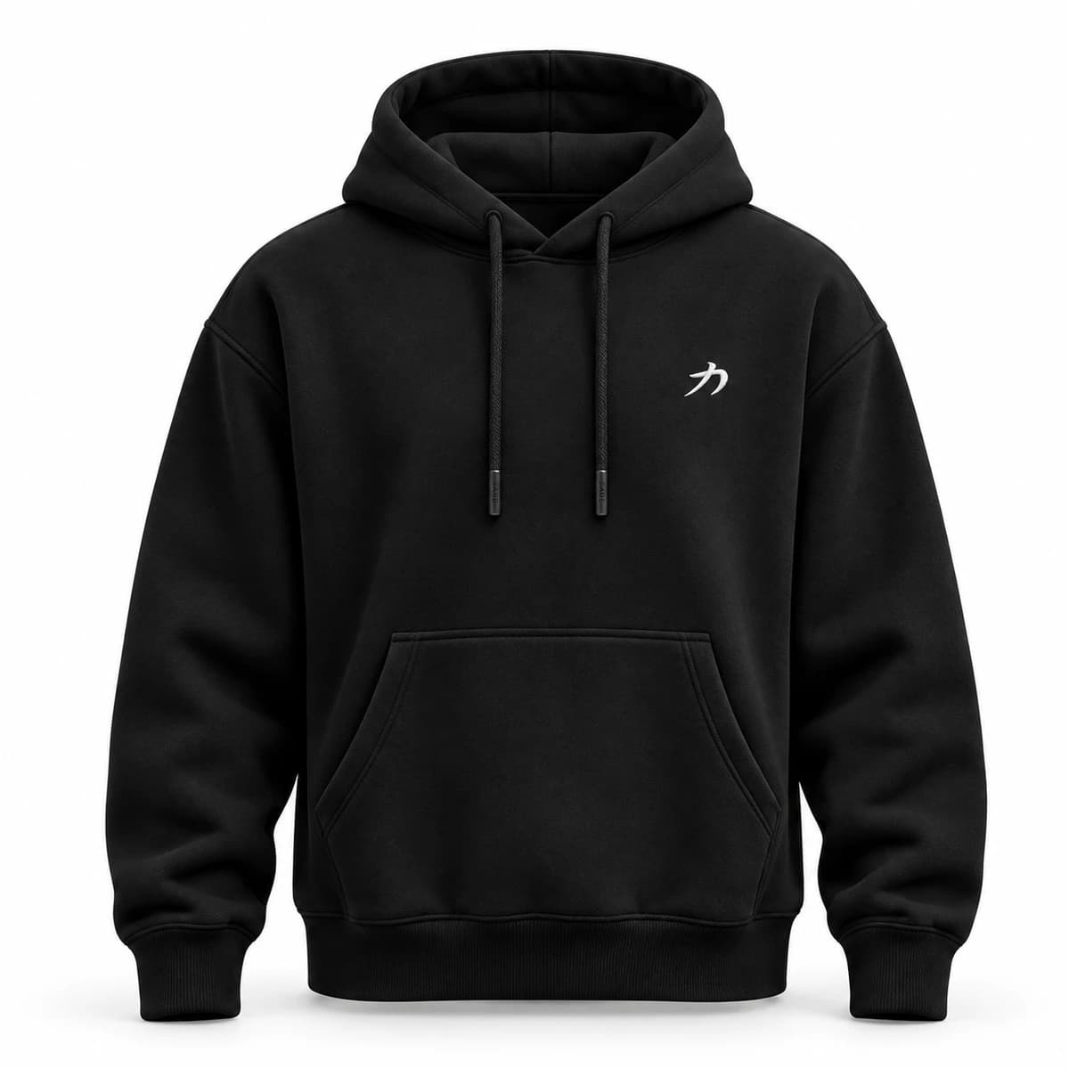 Black heavyweight oversized SAEE hoodie with a small white embroidered chest icon and branded drawstring ends