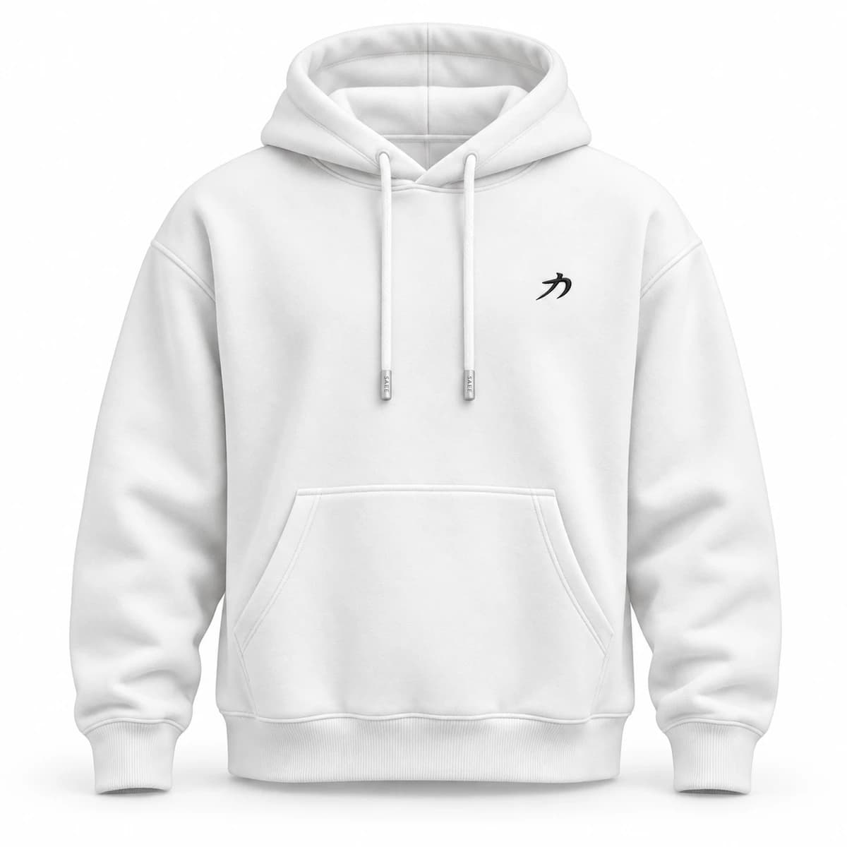 White heavyweight oversized SAEE hoodie with a small black embroidered chest icon and branded drawstring ends