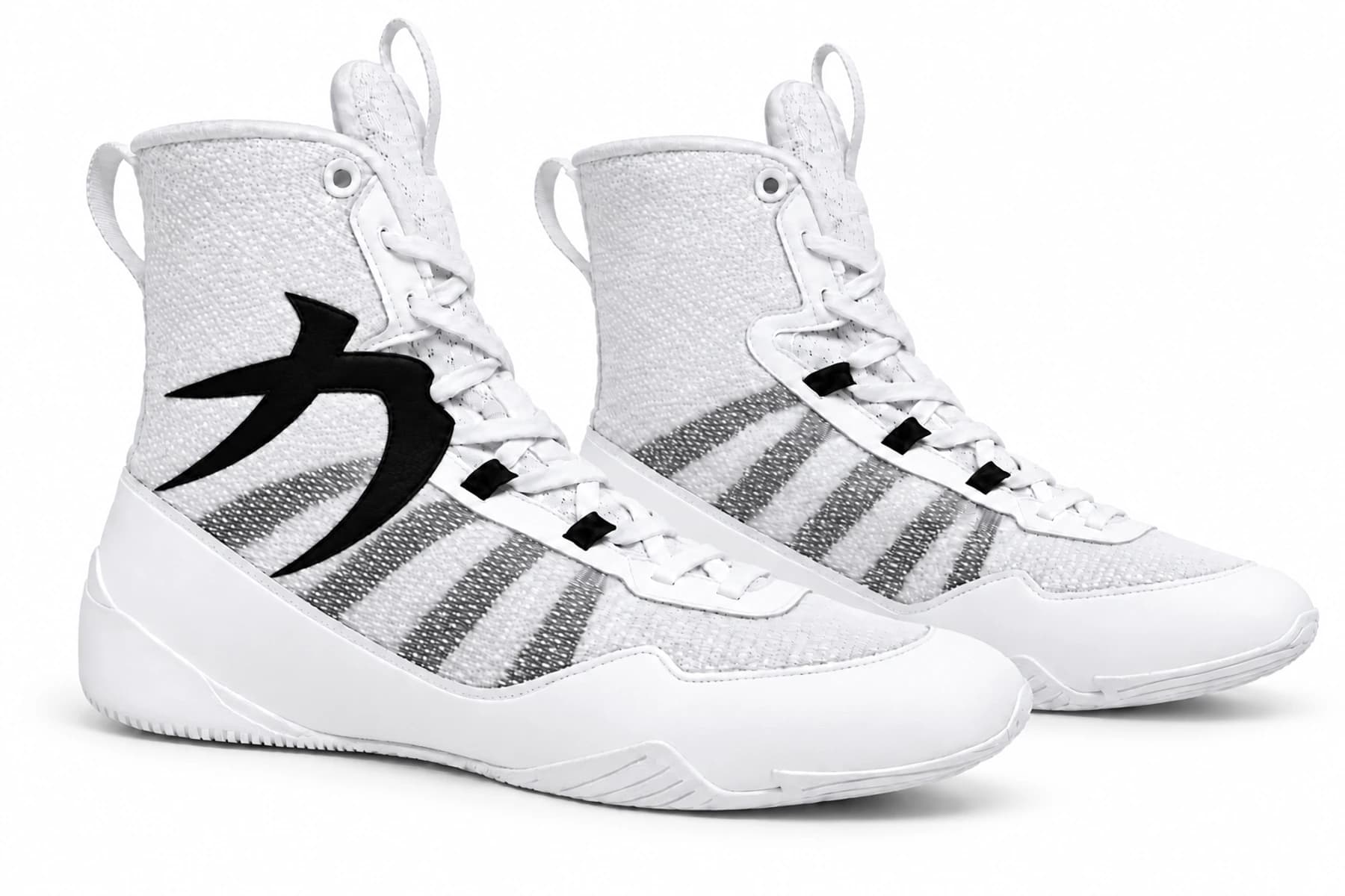 White SAEE high-top boxing shoes with a black outer strength emblem