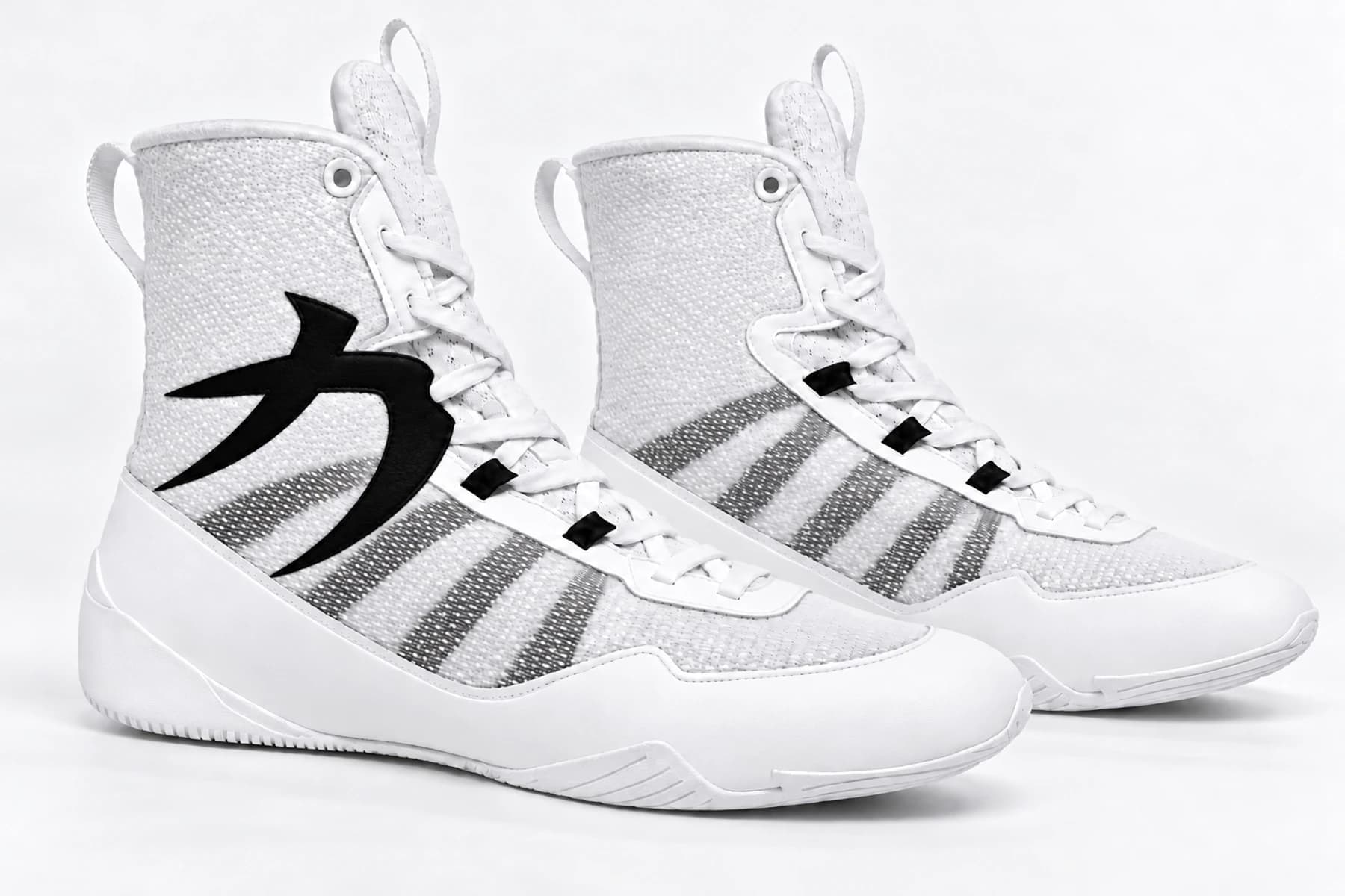White SAEE high-top boxing shoes with a black outer strength emblem