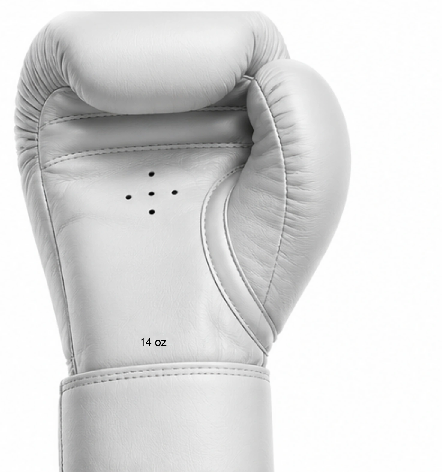 White glove palm with black 14 oz mark, ventilation and white Velcro strap