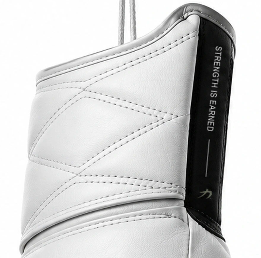 Wearer-right glove side slit with STRENGTH IS EARNED, white line and olive vector icon